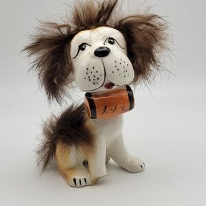 Vintage Japan Dog With Fur & Barrel Porcelain Furry Hair Ceramic Figurine 4.5"